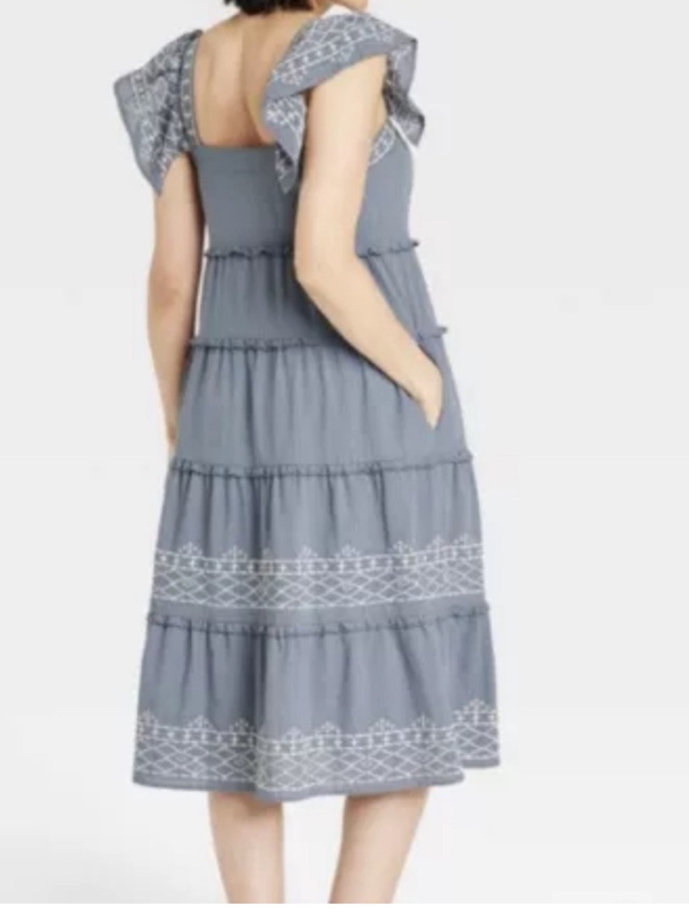 Knox Rose Square Neck Blue Grey Tiered Ruffle Embroidered Cotton LARGE Sundress - Picture 11 of 16